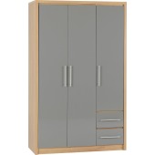Seville 3 Door 2 Drawer Wardrobe Grey Gloss/Light Oak Effect Veneer